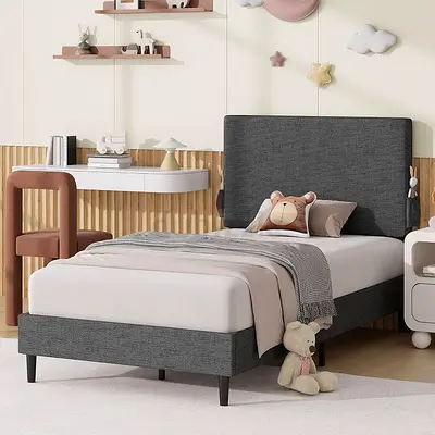 Dark gray upholstered platform single bed