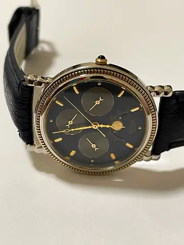 Vintage WESTAR style mens wristwatch with black dial and leather strap