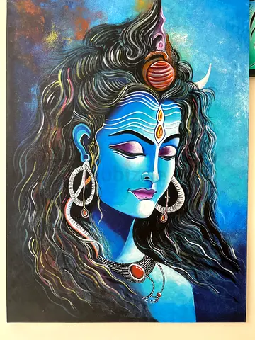 Hand-painted Blue Shiva Portrait on Canvas - Spiritual Wall Art