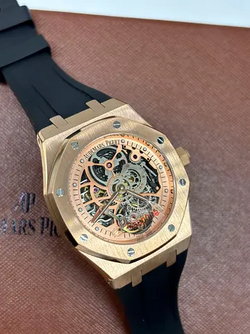 Audemars Piguet style skeleton mens watch - rose gold tone, rubber strap master