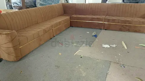 Large L-shaped Velvet Sofa with Gold Trim - Good Used Condition