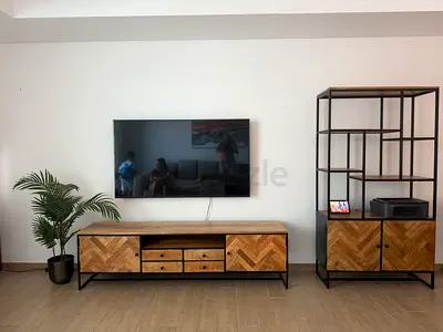 Solid Wood TV Cabinet and Matching Display Shelf – Herringbone Design