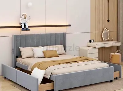 Modern Grey Upholstered Bed Frame with Storage Drawers