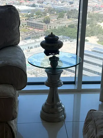 Glass Top Pedestal Side Table with Ornate Base. Set of 3 tables