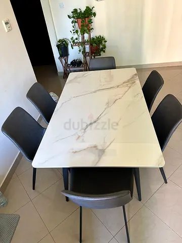 Marble-effect Dining Table with 6 Grey Chairs - Good Condition