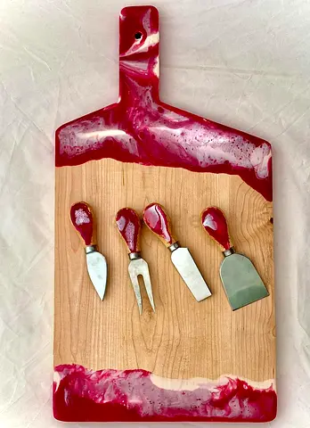 Handmade Wooden Cheese/Serving Board with 4 Mini Cheese Knives - Red Resin Accents