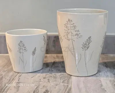 Set of 2 Ceramic Plant Pots with Grass Motif
