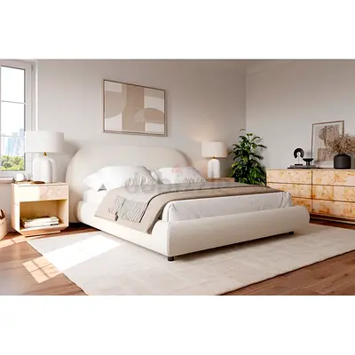 King Size Upholstered Bed Frame with Curved Headboard - Cream