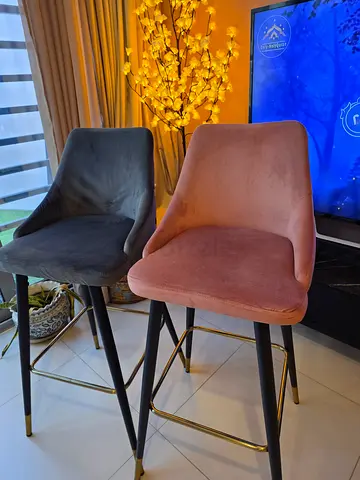 Set of 3 Velvet Bar Stools with Gold Metal Legs (Pink  Grey) Beautiful Velvet Upholstery