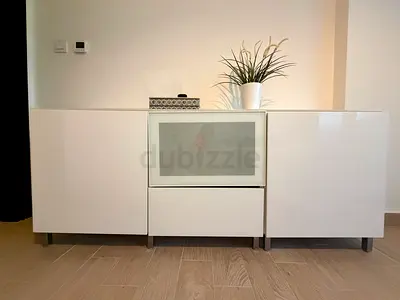 White Sideboard Cabinet with Storage Drawers and Shelves - Good Condition
