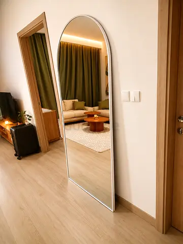 Full-Length Arched Floor Mirror with Slim White Frame Brand New