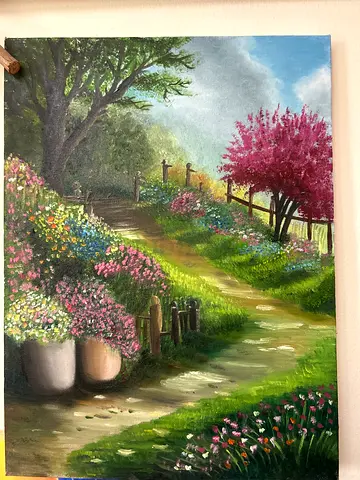 Framed Landscape Oil Painting of Garden Path