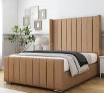Queen size upholstered bed with tall padded headboard - light brown