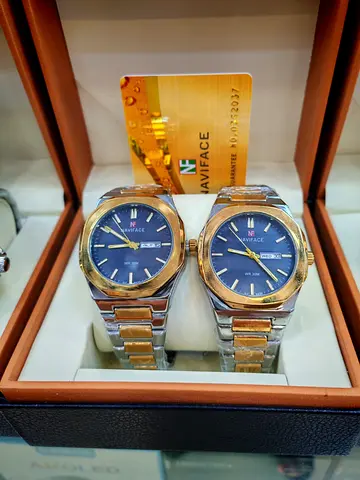Pair of Naviface His  Hers Stainless Steel Watches - Gold  Silver, Blue Dial