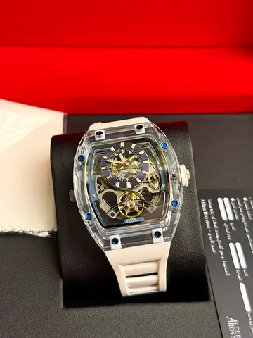 Skeleton Tourbillon-Style Mens Watch with White Rubber Strap