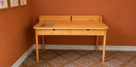 Solid Wood Rectangular Study Table with Drawers - Light Brown