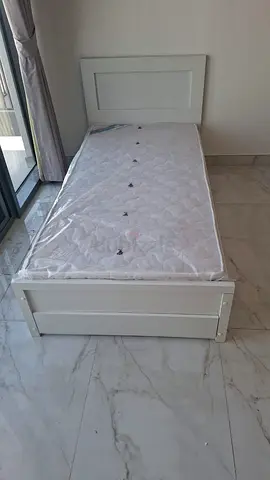 Single white wooden bed frame with mattress and with under drawer new all