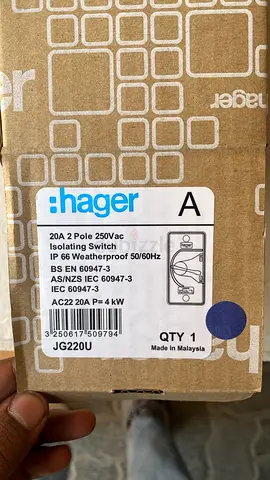 Hager 20A 2-Pole 250Vac Isolating Switch (IP66 Weatherproof) - New in Box
