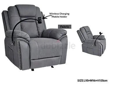 Gray Fabric Power Recliner Chair with Wireless Charging Mobile Holder