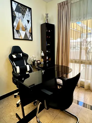 Black Glass Office Desk with Ergonomic Chair and Shelving - Complete Set