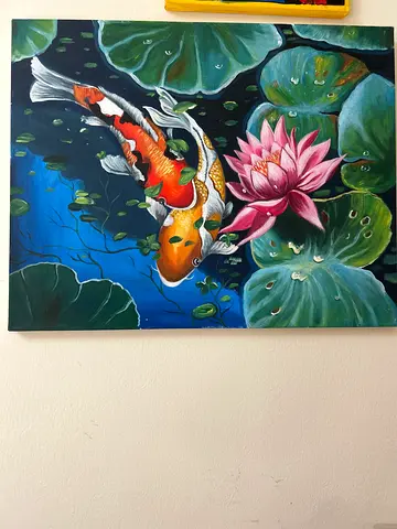 Hand-painted Koi Fish and Lotus Canvas Painting