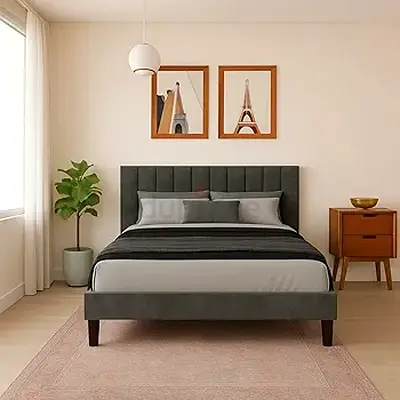 Charcoal grey velvet queen platform bed