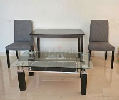 Modern glass coffee table with small dining table and 2 grey chairs - set