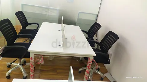 Brand New White 4-Person Office Desk with Chairs For Sale