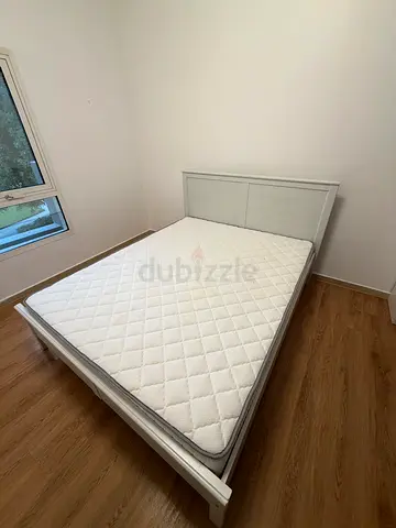 IKEA White wooden double bed frame with mattress - good condition