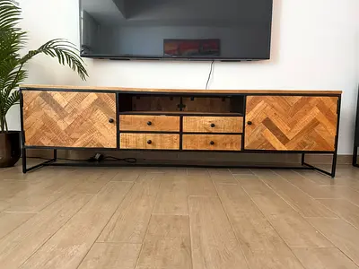Solid Wood TV Cabinet and Matching Display Shelf – Herringbone Design
