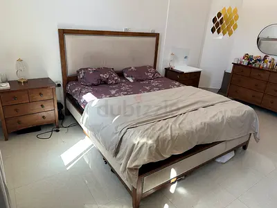 Queen size upholstered bed frame with 2 bedside tables and dresser - solid wood