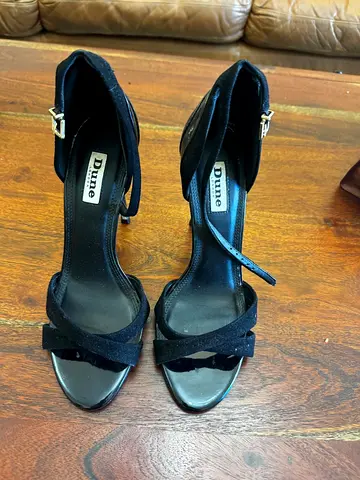 Black suede and patent high heel sandals, size 38