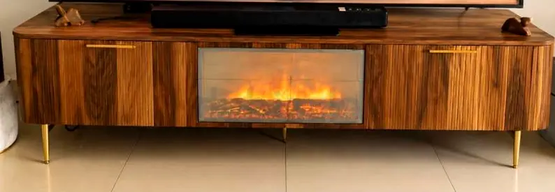 Wooden TV Console with Built-in Electric Fireplace — Mid-century Style