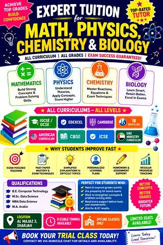 MATHS, PHYSICS, CHEMISTRY,  BIOLOGY, SCIENCE CLASSES BY A LADY TUTOR [YEAR 1 TO 12]
