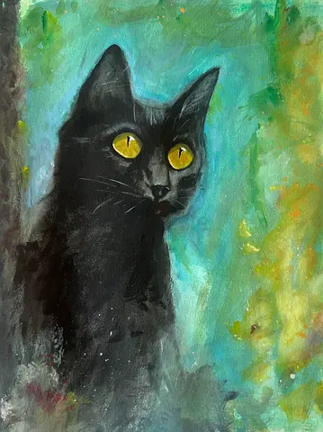 Original Painting of a Black Cat with Yellow Eyes