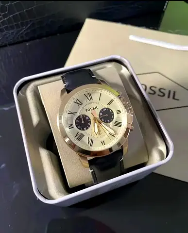 Fossil Gold Chrongraph Watch with Black Leather Strap - Original