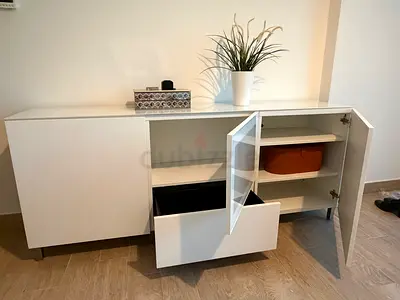 White Sideboard Cabinet with Storage Drawers and Shelves - Good Condition