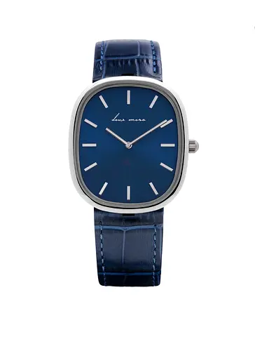 Blue leather strap analog wristwatch with minimalist dial