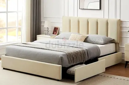 King size upholstered storage bed with side drawers (cream)