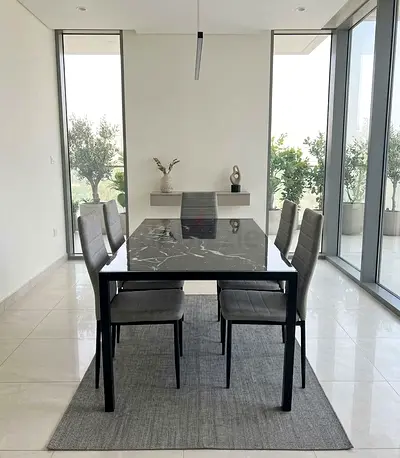 Modern Black Marble Top Dining Table with 6 Grey Chairs
