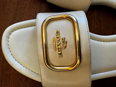 White Coach Leather Slide Sandals with Gold Logo