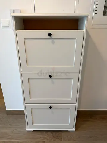 White Three Door Storage Cabinet with Black Knobs