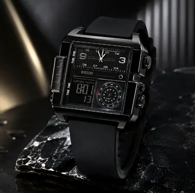 SKMEI 😍 Mens Black Sport Hybrid Watch — Analog + Digital, Rubber Strap