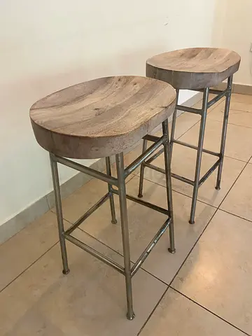 Set of 2 Iron Stools with Wood Seat - White Wash