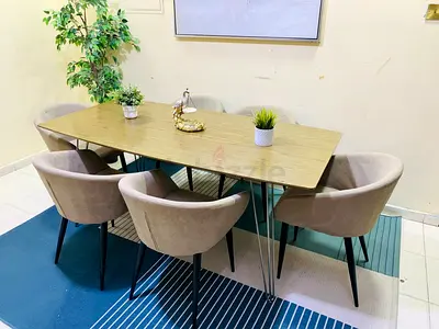 Modern Wooden Dining Table with 6 Upholstered Chairs - Light Oak