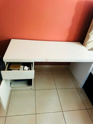 Simple White Study Desk with Drawer and Cupboard