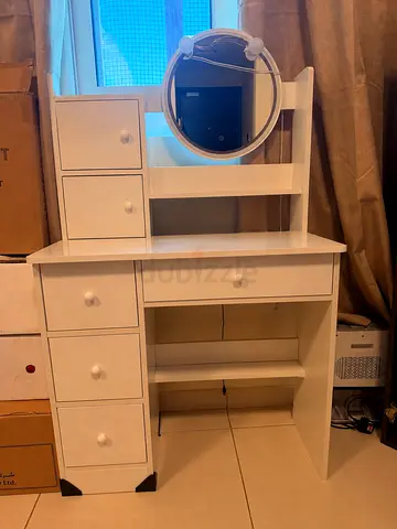 White Wooden Dressing Table with Mirror and Drawers - Good Condition