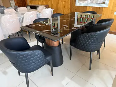 Modern Black Marble Dining Table with 6 Padded Armchairs
