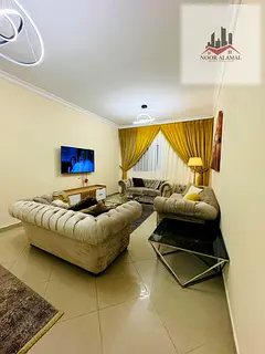 Sharjah, Al Taawun, three bedrooms, living room, kitchen, and three bathrooms. Furnished. Second ten