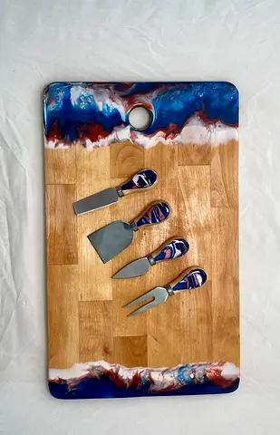 Handmade Epoxy Resin Edge Wooden Cheese / Serving Board with Cutlery Set